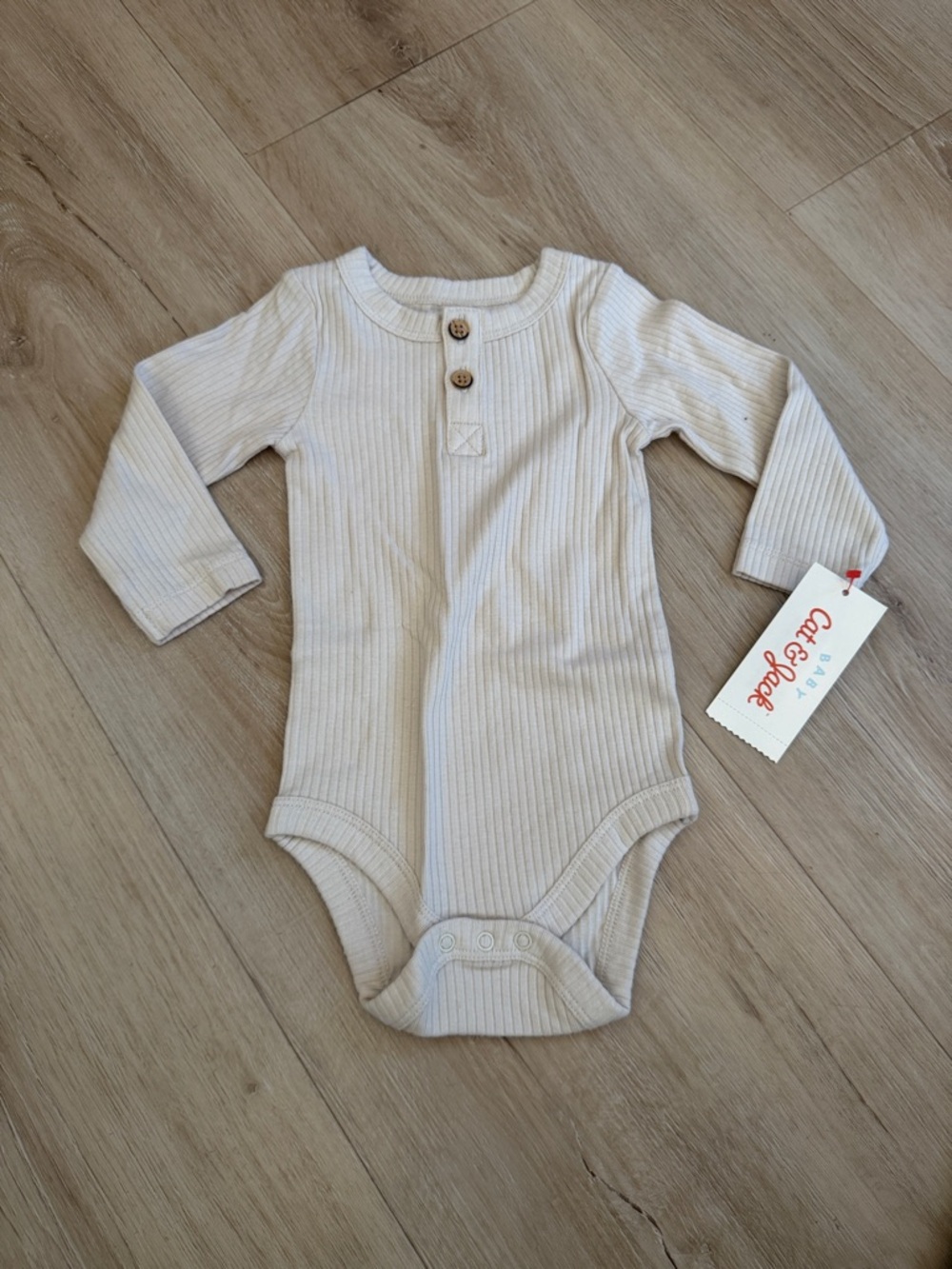 Cat & Jack Cream Ribbed Long-Sleeve Baby Bodysuit with Wood Buttons